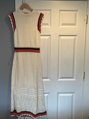 Sleeveless Cream Maxi Knit Dress with pink & Black Stripe Accents
